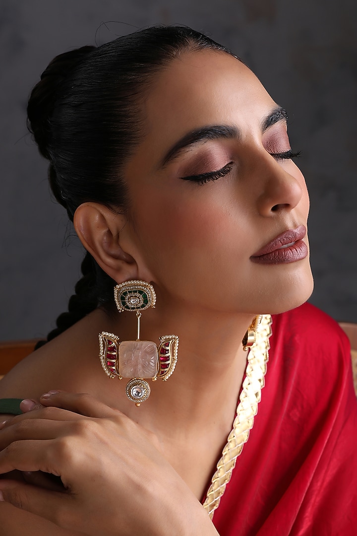 Gold Finish Multi-Colored Kundan Polki Handcrafted Dangler Earrings by Swabhimann Jewellery at Pernia's Pop Up Shop