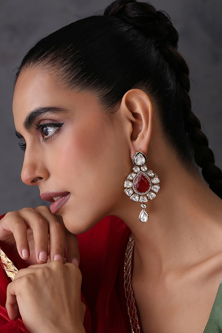 Gold Finish Kundan Polki & Ruby Stone Handcrafted Dangler Earrings by Swabhimann Jewellery at Pernia's Pop Up Shop