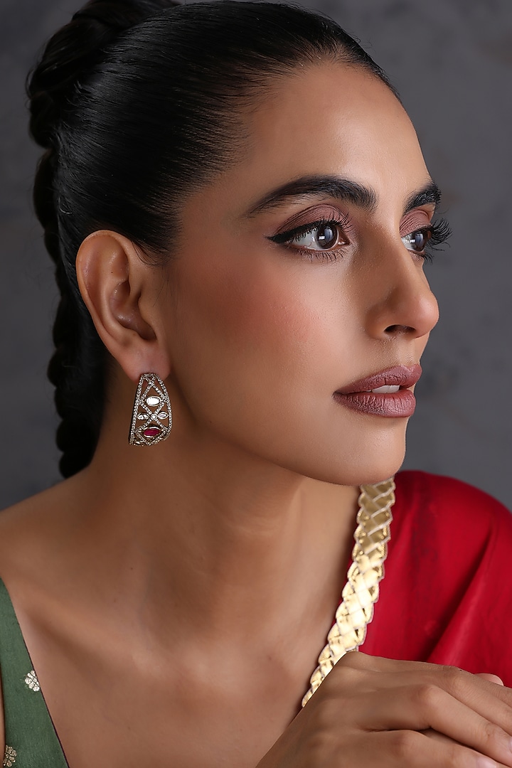 Gold Finish Kundan Polki & Ruby Stone Handcrafted Hoop Earrings by Swabhimann Jewellery at Pernia's Pop Up Shop