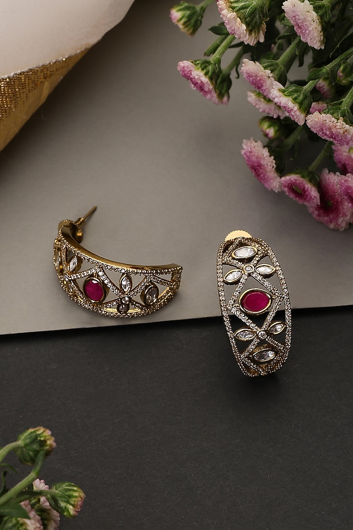 Gold Finish Kundan Polki & Ruby Stone Handcrafted Hoop Earrings by Swabhimann Jewellery at Pernia's Pop Up Shop
