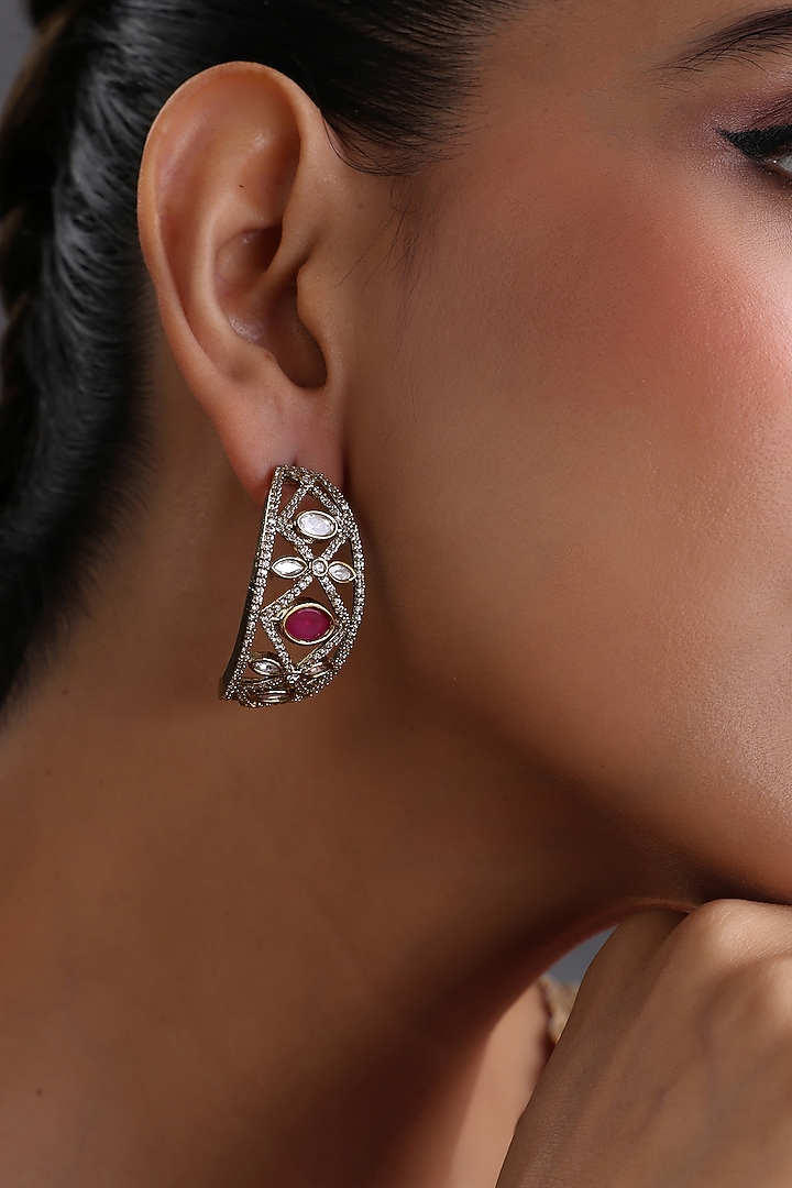 Gold Finish Kundan Polki & Ruby Stone Handcrafted Hoop Earrings by Swabhimann Jewellery at Pernia's Pop Up Shop