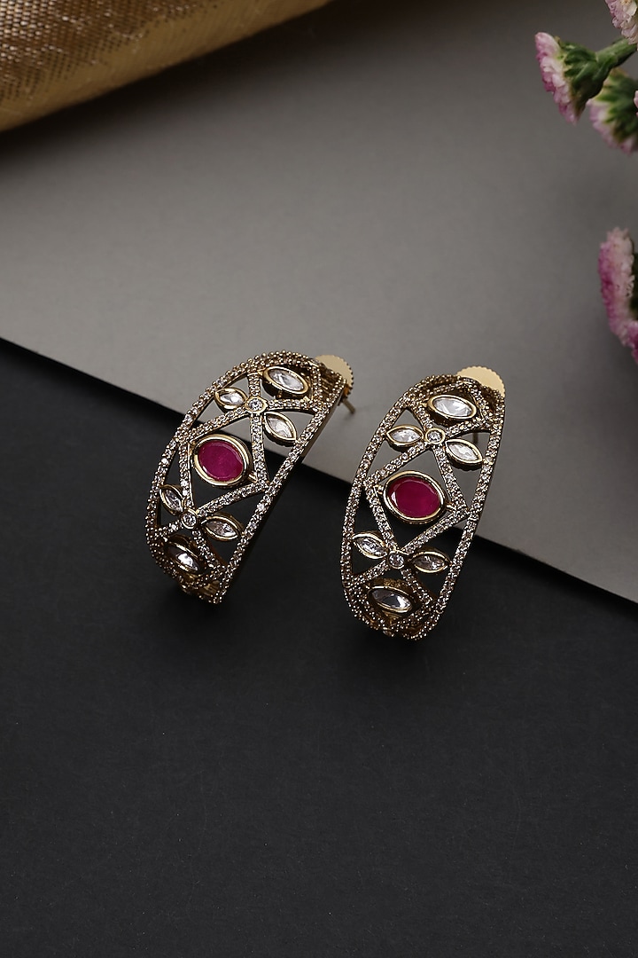 Gold Finish Kundan Polki & Ruby Stone Handcrafted Hoop Earrings by Swabhimann Jewellery at Pernia's Pop Up Shop