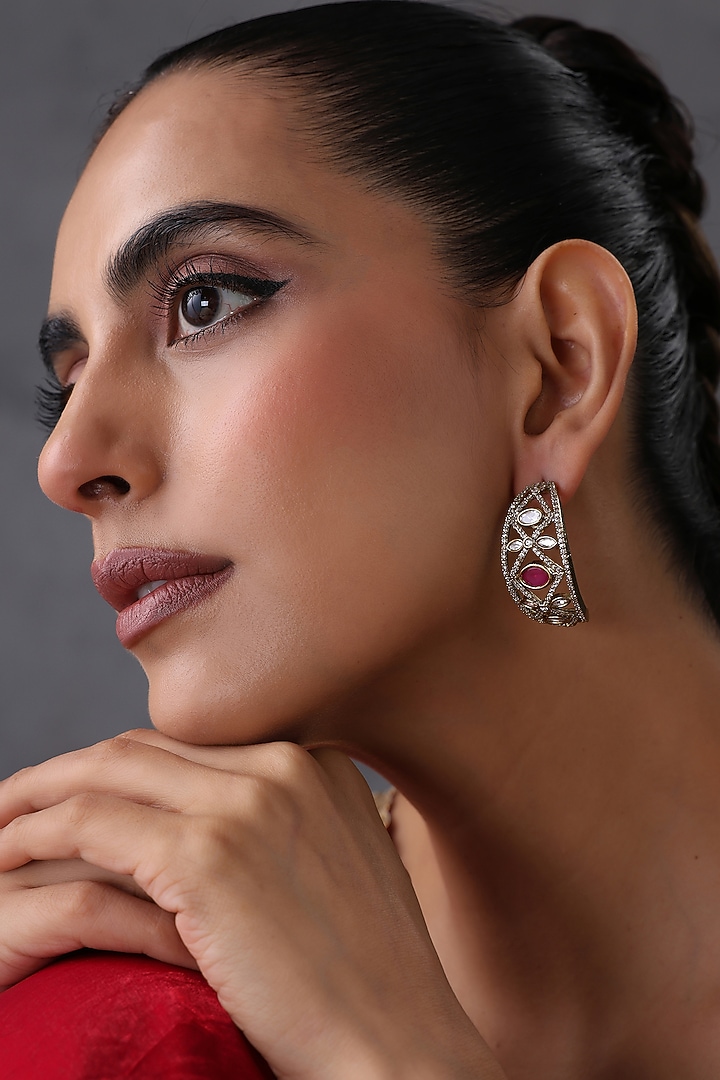 Gold Finish Kundan Polki & Ruby Stone Handcrafted Hoop Earrings by Swabhimann Jewellery at Pernia's Pop Up Shop
