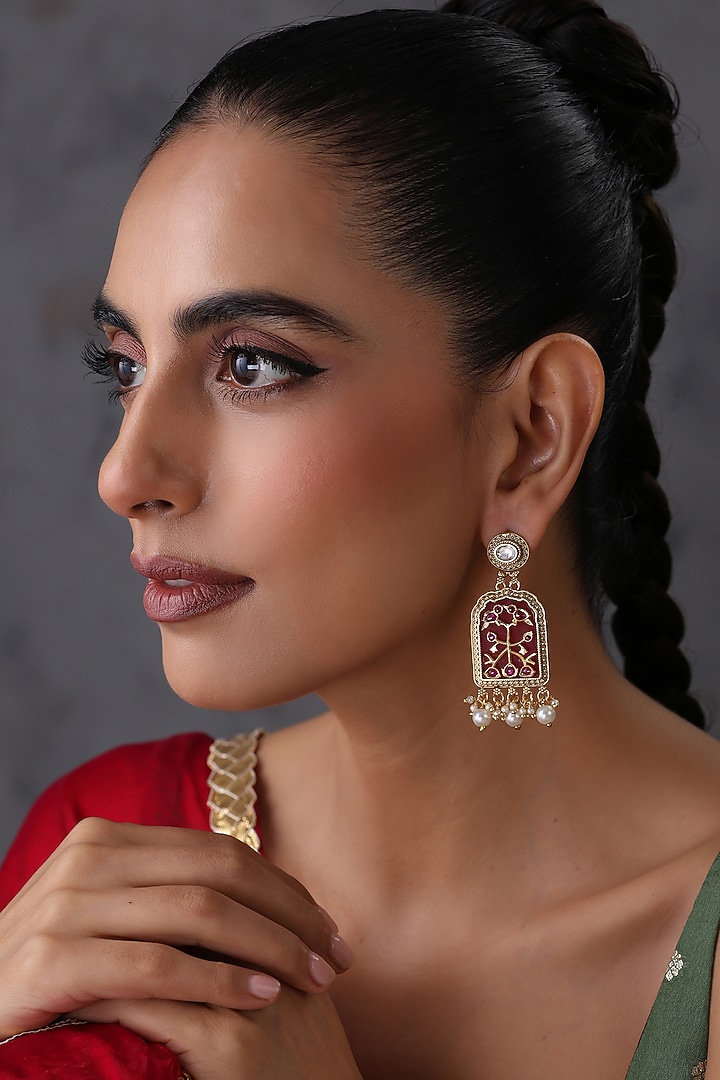 Gold Finish Red Kundan Polki Handcrafted Dangler Earrings by Swabhimann Jewellery at Pernia's Pop Up Shop