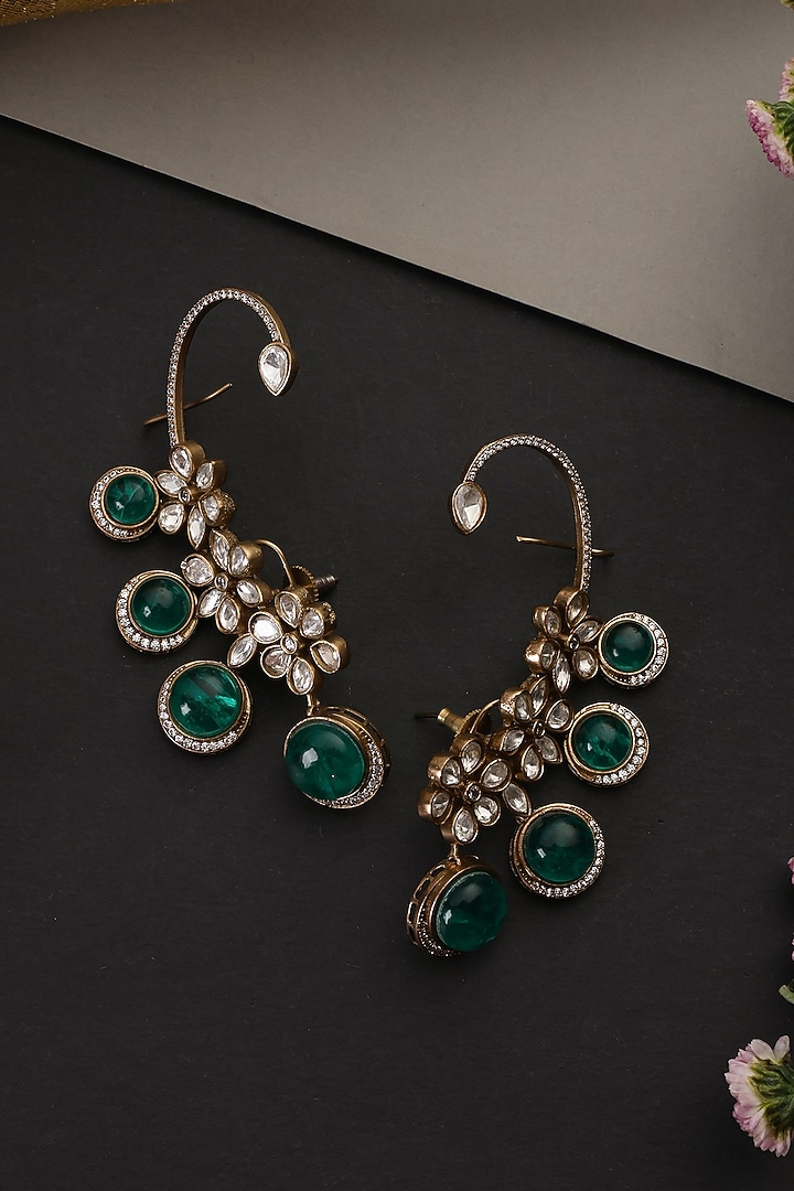Gold Finish Kundan Polki & Emerald Stone Handcrafted Earcuffs by Swabhimann Jewellery at Pernia's Pop Up Shop
