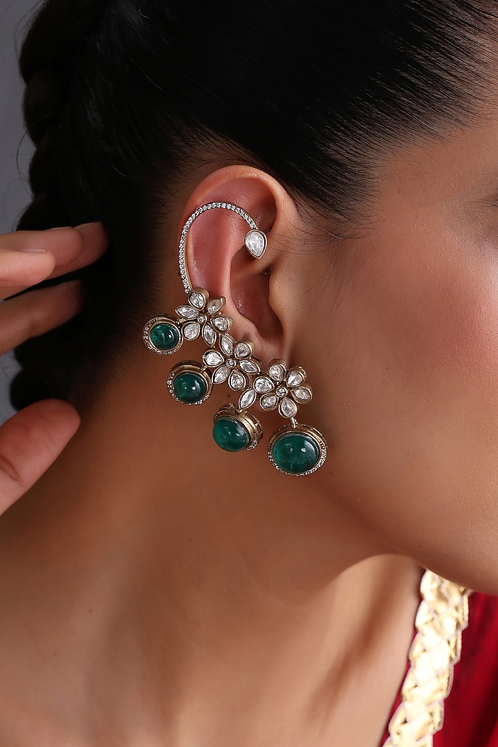 Gold Finish Kundan Polki & Emerald Stone Handcrafted Earcuffs by Swabhimann Jewellery at Pernia's Pop Up Shop