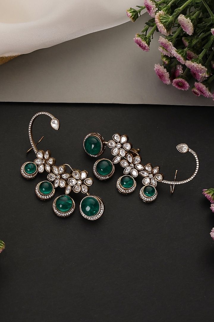 Gold Finish Kundan Polki & Emerald Stone Handcrafted Earcuffs by Swabhimann Jewellery at Pernia's Pop Up Shop