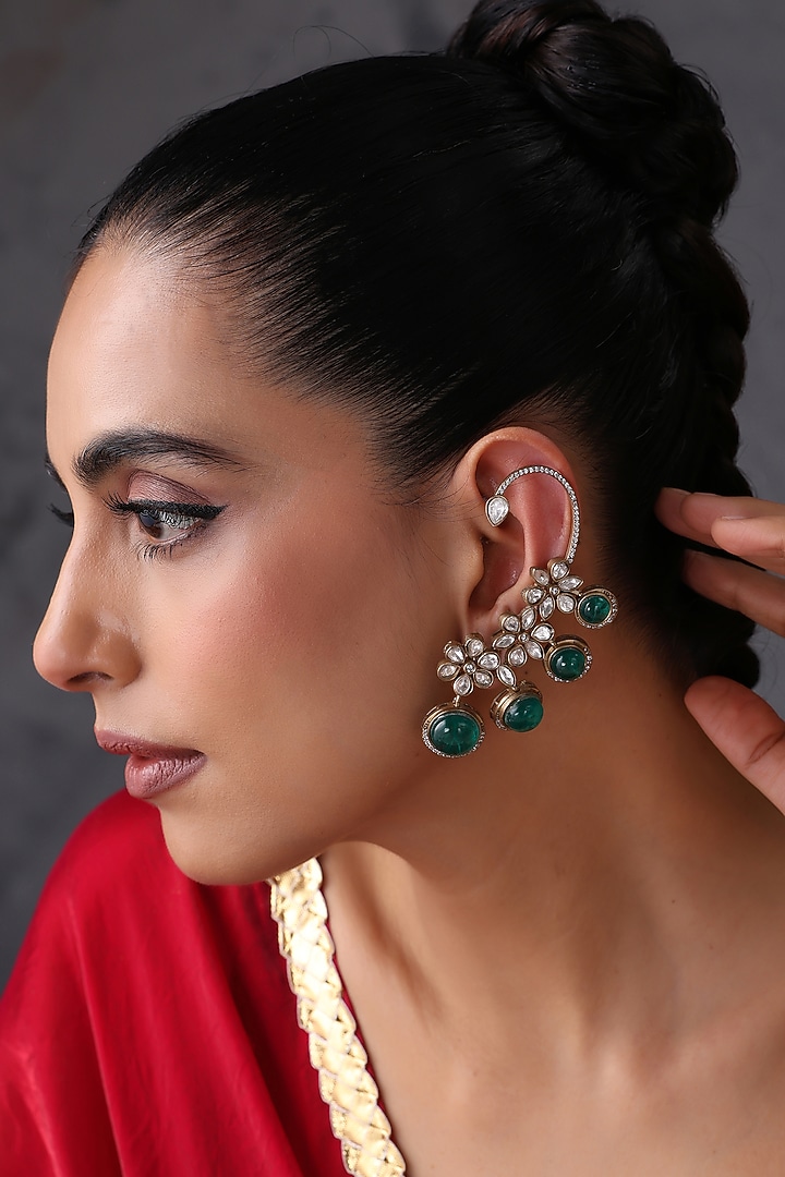 Gold Finish Kundan Polki & Emerald Stone Handcrafted Earcuffs by Swabhimann Jewellery at Pernia's Pop Up Shop