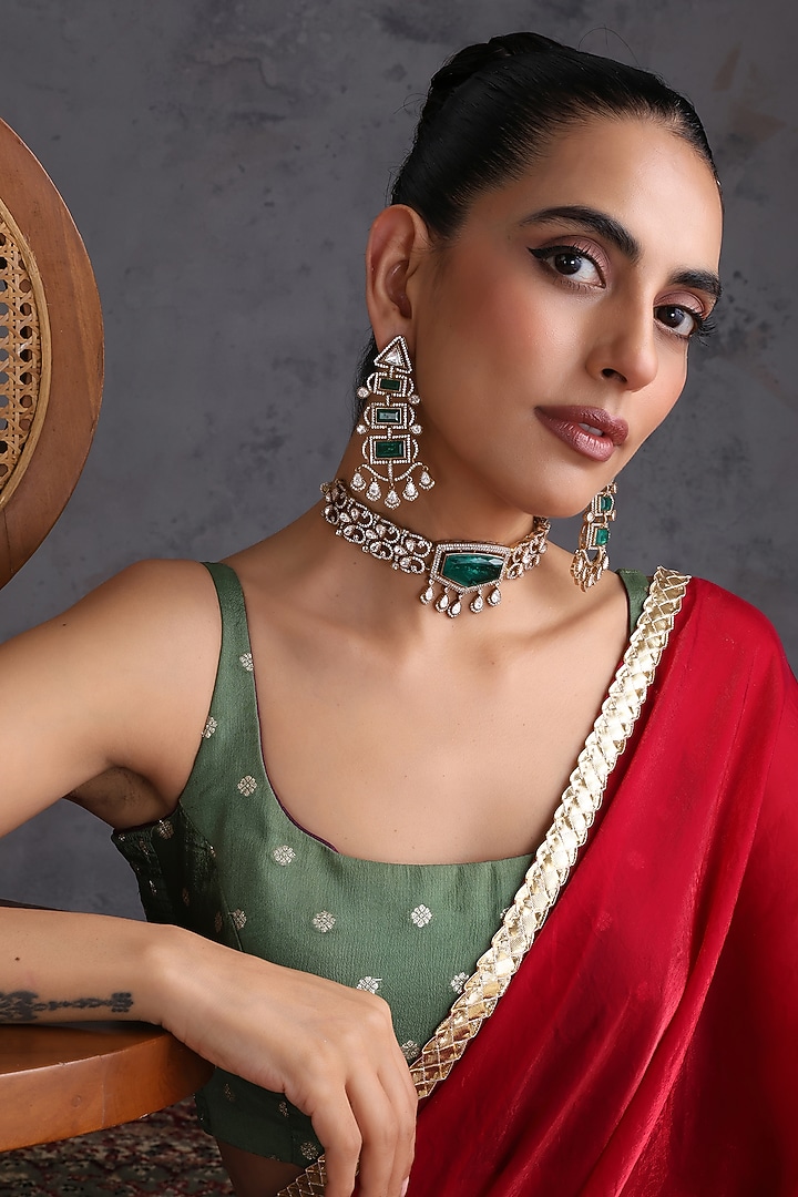 Gold Finish Kundan Polki & Emerald Stone Handcrafted Choker Necklace Set by Swabhimann Jewellery at Pernia's Pop Up Shop