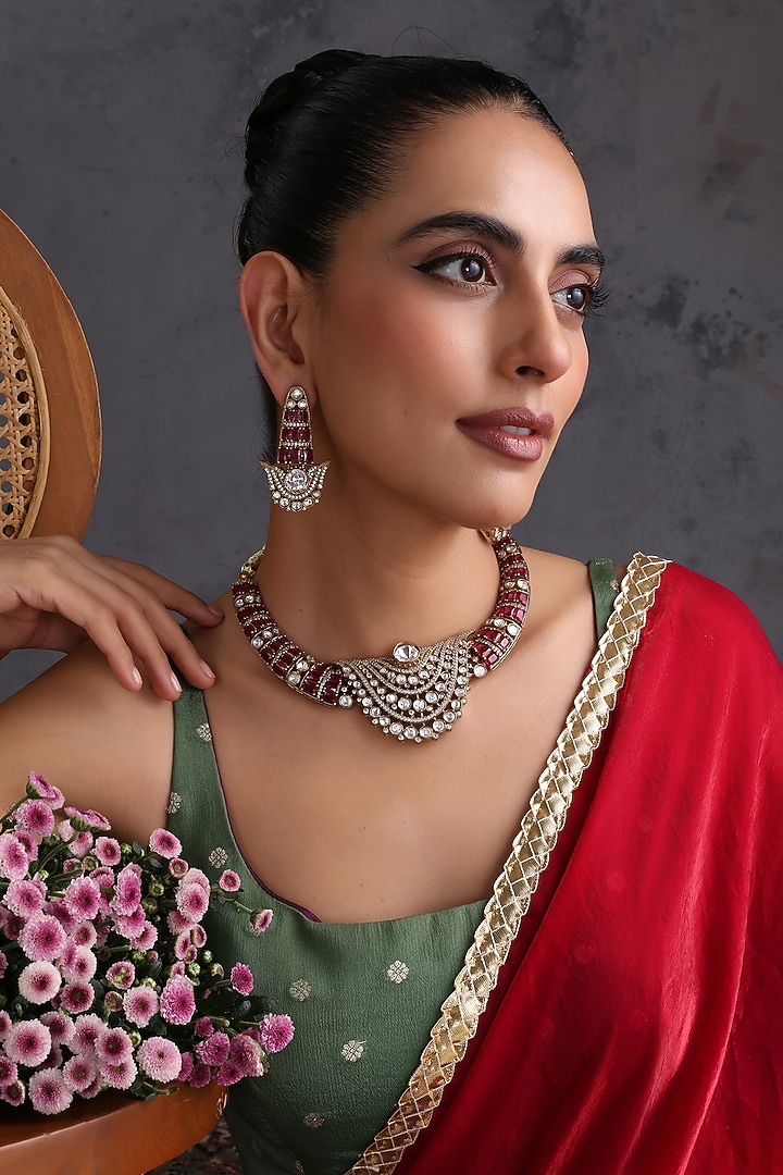 Gold Finish Kundan Polki & Ruby Stone Handcrafted Hasli Necklace Set by Swabhimann Jewellery at Pernia's Pop Up Shop