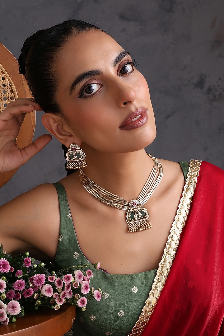 Gold Finish Mint Kundan Polki Handcrafted Necklace Set by Swabhimann Jewellery at Pernia's Pop Up Shop