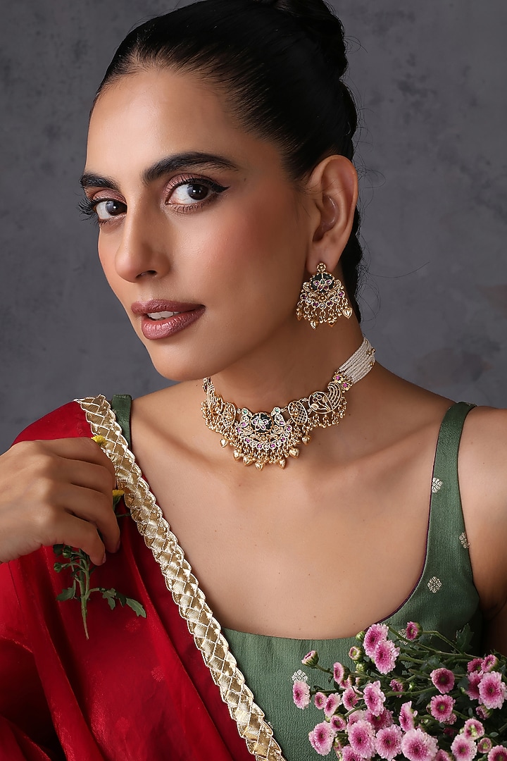 Gold Finish Multi-Colored Kundan Polki Handcrafted Temple Choker Necklace Set by Swabhimann Jewellery at Pernia's Pop Up Shop
