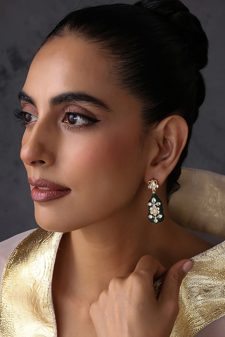 Gold Finish Green Kundan Polki Handcrafted Dangler Earrings by Swabhimann Jewellery at Pernia's Pop Up Shop