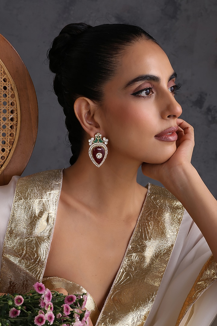 Gold Finish Ruby Stone & Kundan Polki Handcrafted Dangler Earrings by Swabhimann Jewellery at Pernia's Pop Up Shop