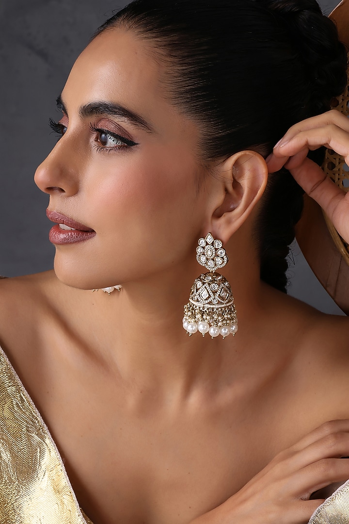 White Gold Finish Kundan Polki Handcrafted Jhumka Earrings by Swabhimann Jewellery at Pernia's Pop Up Shop