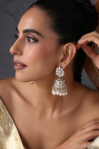 White Gold Finish Kundan Polki Handcrafted Jhumka Earrings by Swabhimann Jewellery