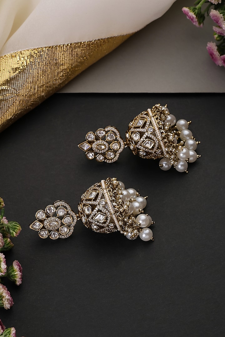 White Gold Finish Kundan Polki Handcrafted Jhumka Earrings by Swabhimann Jewellery at Pernia's Pop Up Shop