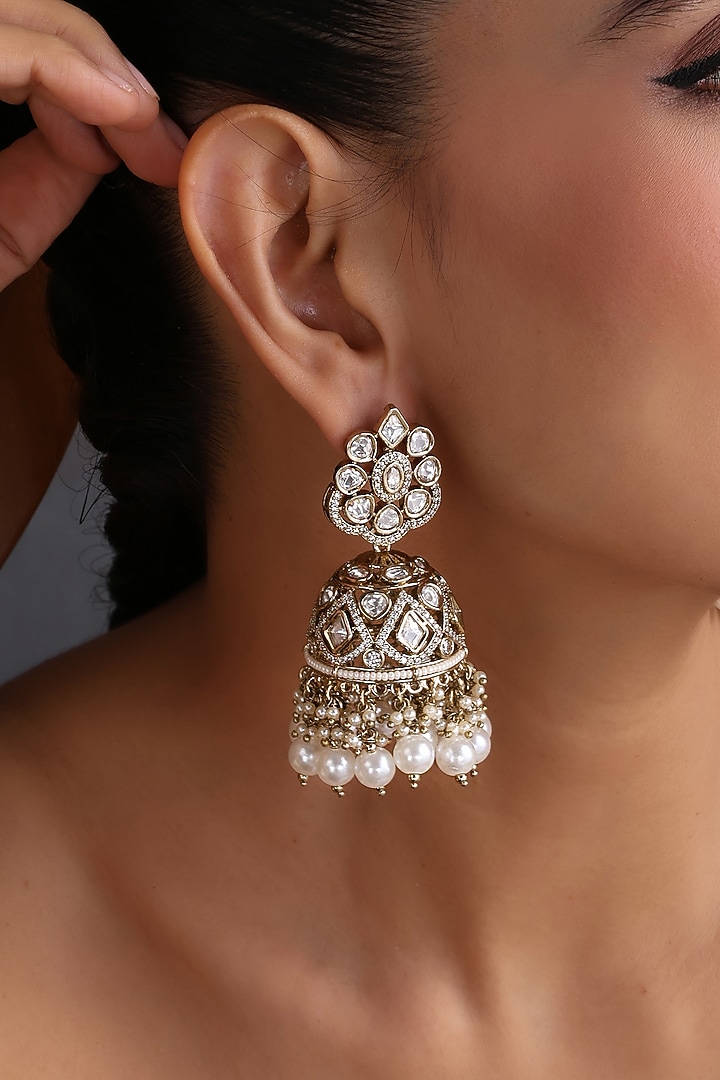White Gold Finish Kundan Polki Handcrafted Jhumka Earrings by Swabhimann Jewellery at Pernia's Pop Up Shop