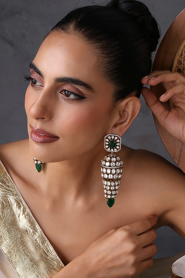 Gold Finish Kundan Polki & Emerald Stone Handcrafted Jhumka Earrings by Swabhimann Jewellery at Pernia's Pop Up Shop