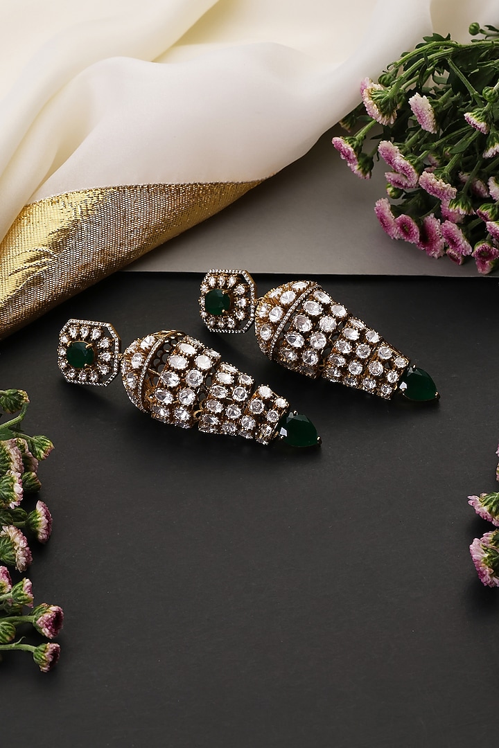 Gold Finish Kundan Polki & Emerald Stone Handcrafted Jhumka Earrings by Swabhimann Jewellery at Pernia's Pop Up Shop