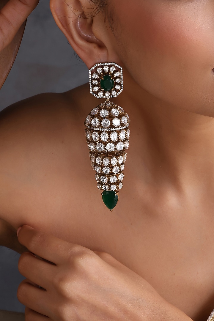 Gold Finish Kundan Polki & Emerald Stone Handcrafted Jhumka Earrings by Swabhimann Jewellery at Pernia's Pop Up Shop