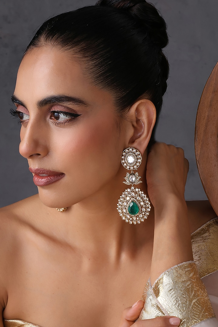 Gold Finish Kundan Polki & Emerald Stone Handcrafted Dangler Earrings by Swabhimann Jewellery at Pernia's Pop Up Shop