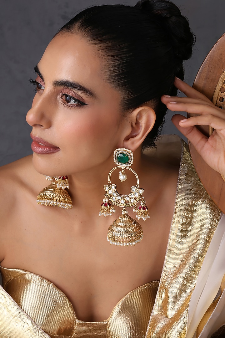 Gold Finish Kundan Polki & Emerald Stone Handcrafted Jhumka Earrings by Swabhimann Jewellery at Pernia's Pop Up Shop