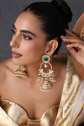 Gold Finish Kundan Polki & Emerald Stone Handcrafted Jhumka Earrings by Swabhimann Jewellery