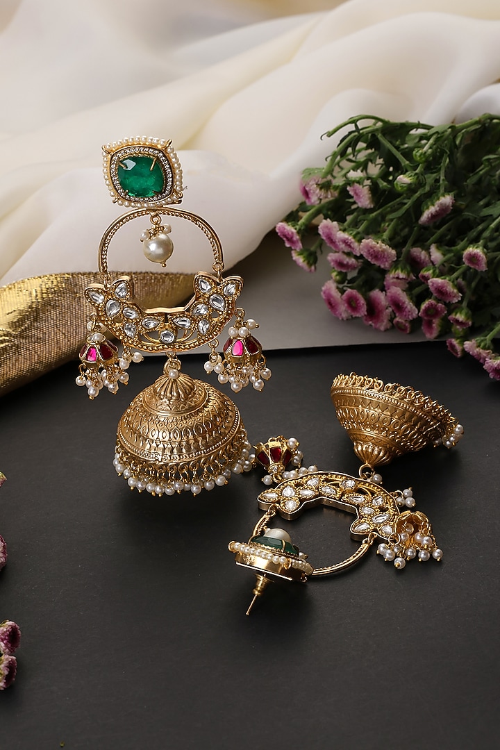 Gold Finish Kundan Polki & Emerald Stone Handcrafted Jhumka Earrings by Swabhimann Jewellery at Pernia's Pop Up Shop