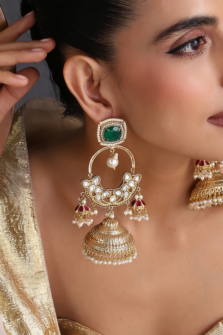 Gold Finish Kundan Polki & Emerald Stone Handcrafted Jhumka Earrings by Swabhimann Jewellery at Pernia's Pop Up Shop