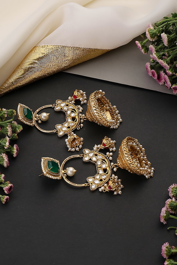 Gold Finish Kundan Polki & Emerald Stone Handcrafted Jhumka Earrings by Swabhimann Jewellery at Pernia's Pop Up Shop