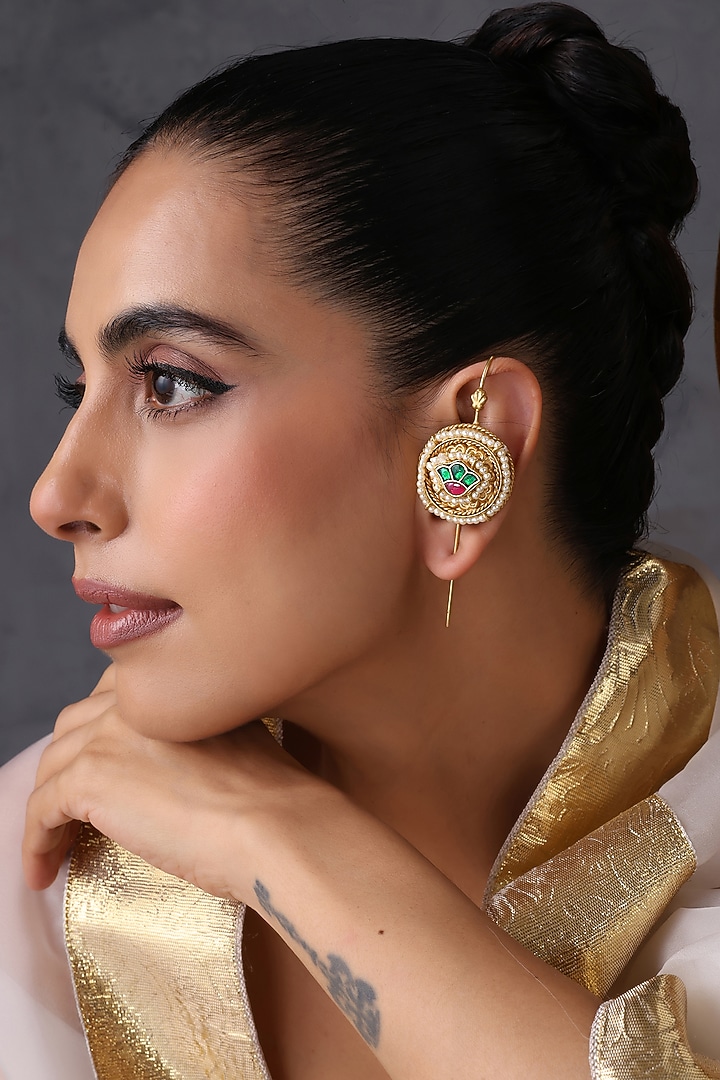 Gold Finish Multi-Colored Kundan Polki Handcrafted Ear Cuffs by Swabhimann Jewellery at Pernia's Pop Up Shop
