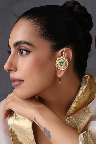 Gold Finish Multi-Colored Kundan Polki Handcrafted Ear Cuffs by Swabhimann Jewellery