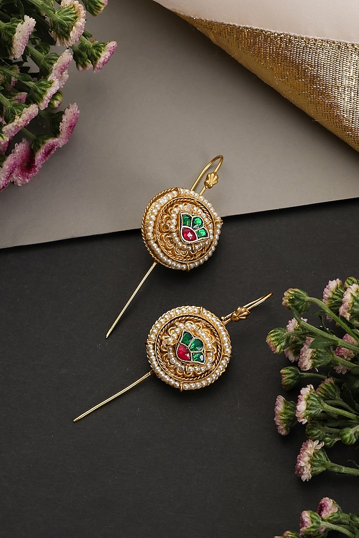 Gold Finish Multi-Colored Kundan Polki Handcrafted Ear Cuffs by Swabhimann Jewellery at Pernia's Pop Up Shop