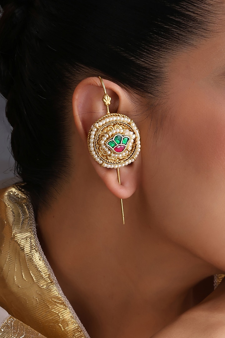 Gold Finish Multi-Colored Kundan Polki Handcrafted Ear Cuffs by Swabhimann Jewellery at Pernia's Pop Up Shop
