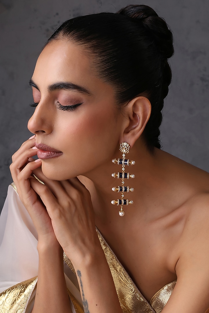 Gold Finish Blue Kundan Polki Handcrafted Dangler Earrings by Swabhimann Jewellery at Pernia's Pop Up Shop