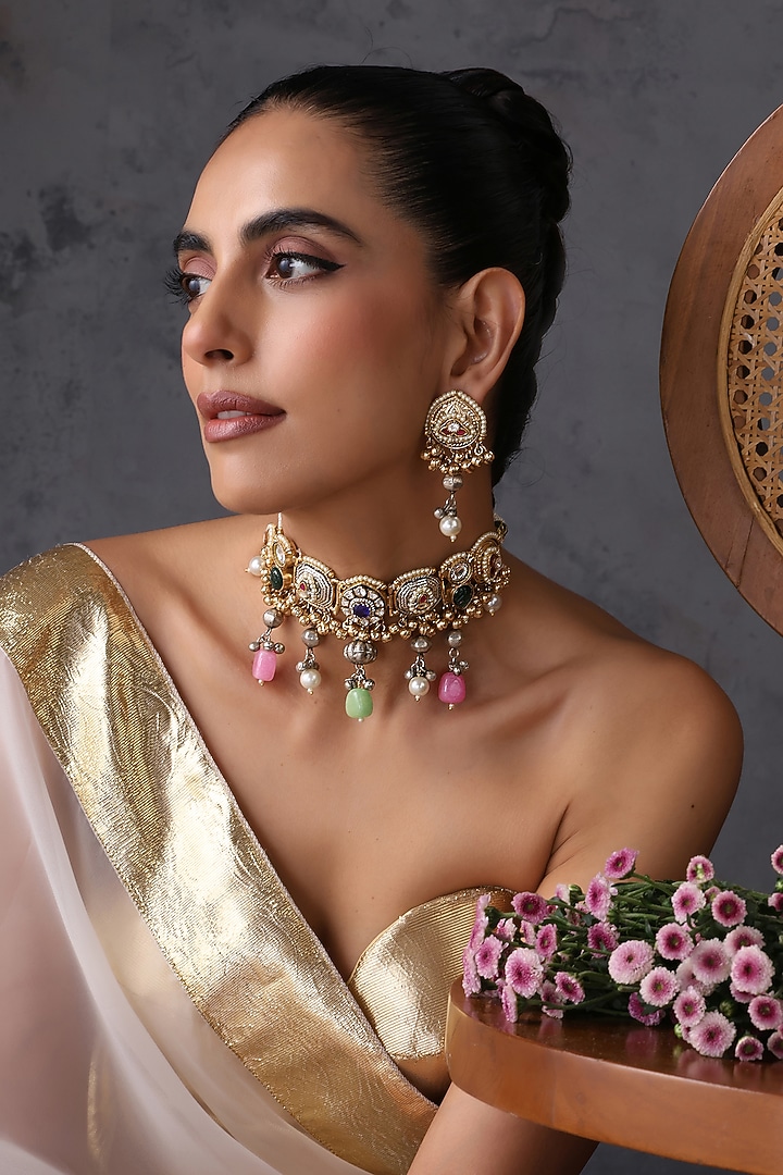 Gold Finish Multi-Colored Kundan Polki Handcrafted Choker Necklace Set by Swabhimann Jewellery at Pernia's Pop Up Shop