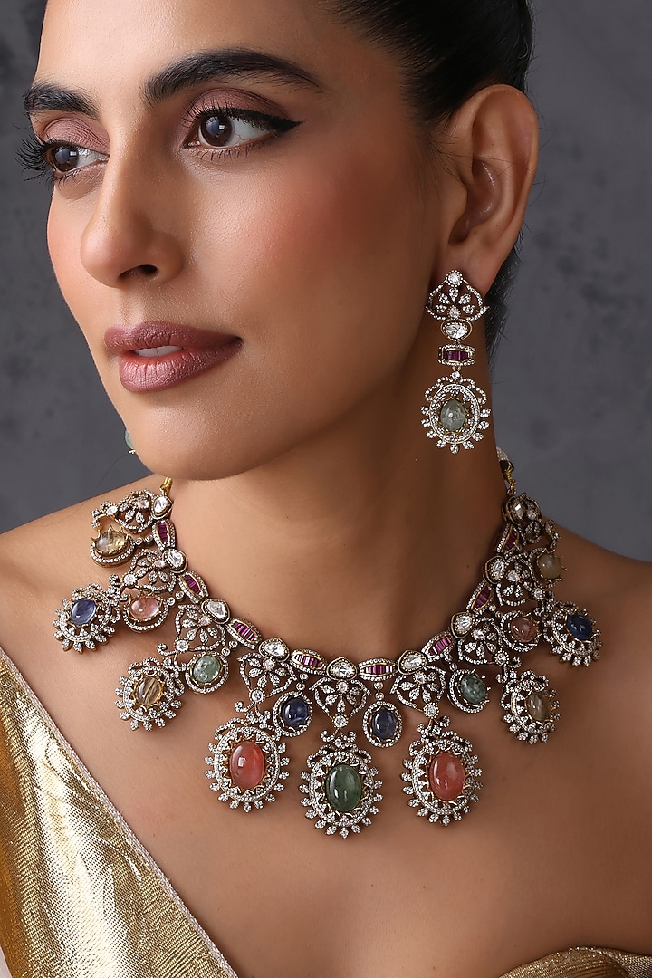 Gold Finish Multi-Colored Kundan Polki Handcrafted Necklace Set by Swabhimann Jewellery at Pernia's Pop Up Shop