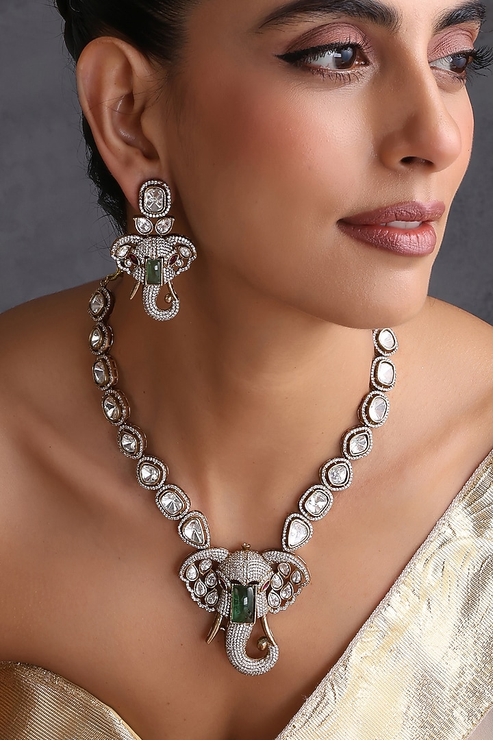 Gold Finish Kundan Polki & Emerald Stone Handcrafted Pendant Necklace Set by Swabhimann Jewellery at Pernia's Pop Up Shop