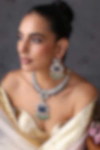 Gold Finish Kundan Polki & Sapphire Stone Handcrafted Long Necklace Set by Swabhimann Jewellery at Pernia's Pop Up Shop