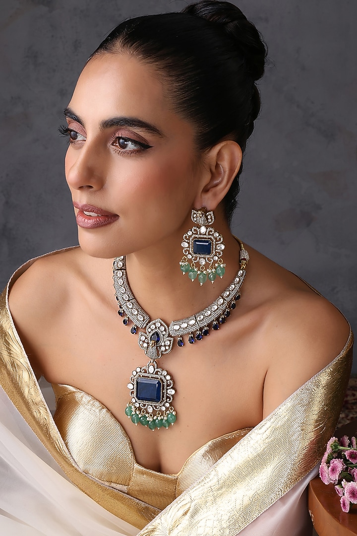 Gold Finish Kundan Polki & Sapphire Stone Handcrafted Long Necklace Set by Swabhimann Jewellery at Pernia's Pop Up Shop