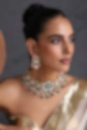 Gold Finish Kundan Polki & Emerald Stone Handcrafted Necklace Set by Swabhimann Jewellery at Pernia's Pop Up Shop