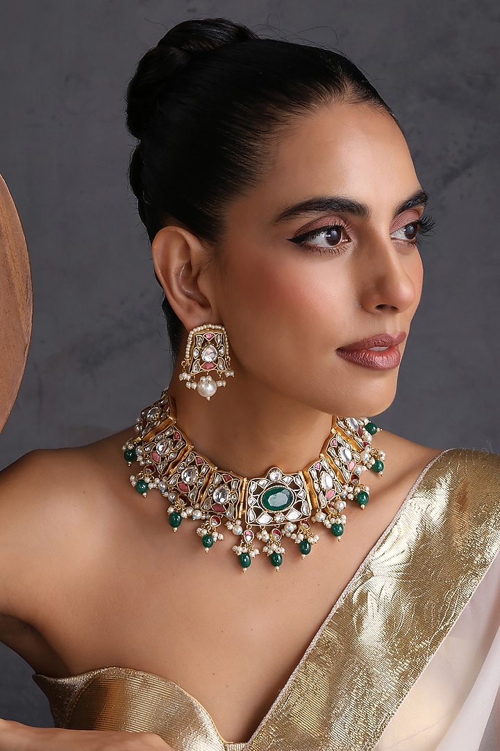 Gold Finish Kundan Polki & Emerald Stone Handcrafted Necklace Set by Swabhimann Jewellery at Pernia's Pop Up Shop