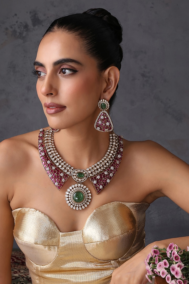 Gold Finish Kundan Polki & Ruby Stone Handcrafted Necklace Set by Swabhimann Jewellery at Pernia's Pop Up Shop