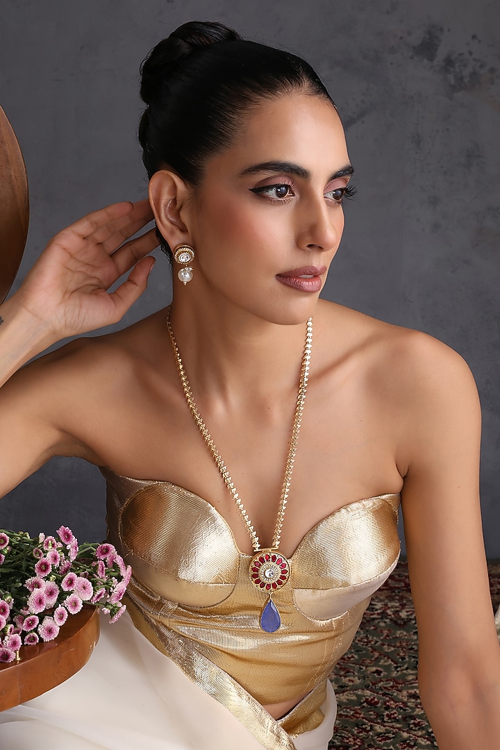 Gold Finish Multi-Colored Kundan Polki Handcrafted Long Pendant Necklace Set by Swabhimann Jewellery at Pernia's Pop Up Shop
