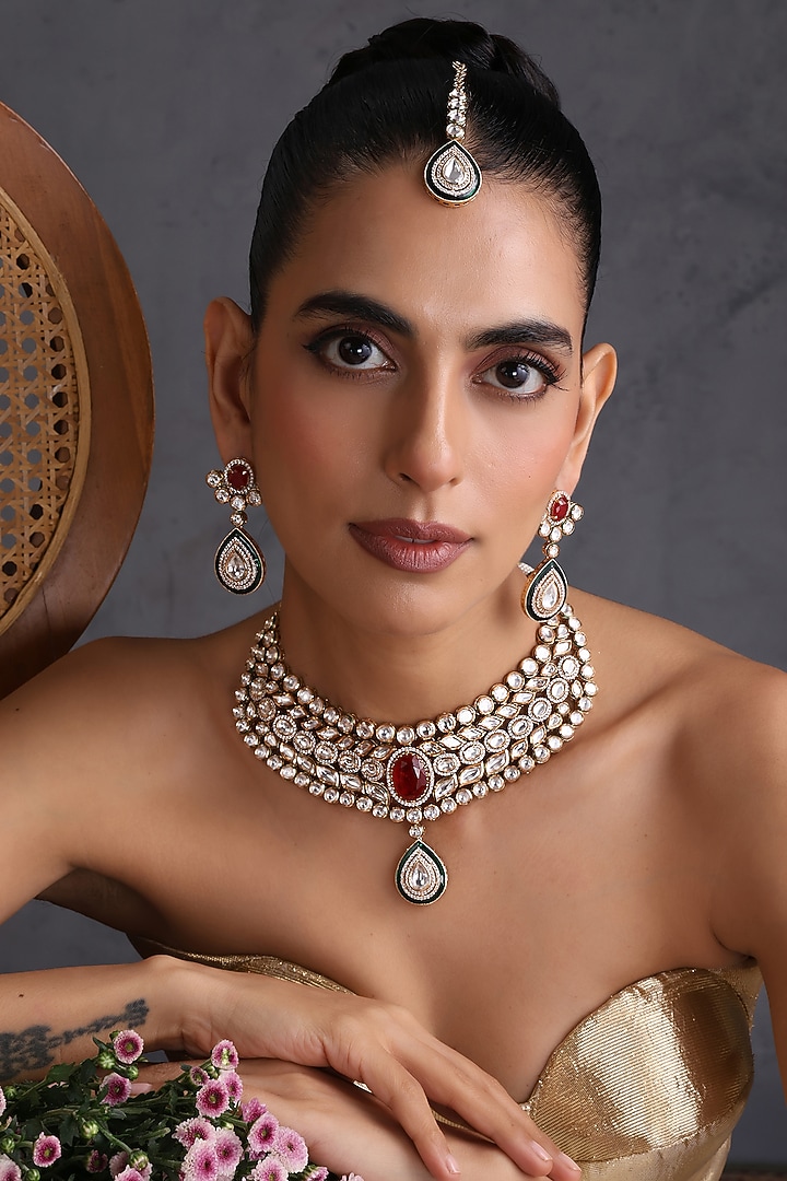 Gold Finish Kundan Polki & Ruby Stone Handcrafted Necklace Set by Swabhimann Jewellery at Pernia's Pop Up Shop