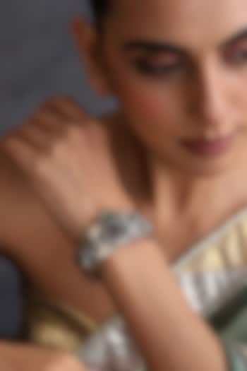 Silver Finish Kundan Polki Handcrafted Cuff by Swabhimann Jewellery at Pernia's Pop Up Shop