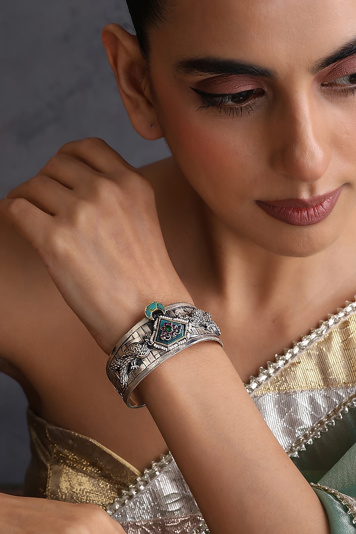 Silver Finish Kundan Polki Handcrafted Cuff by Swabhimann Jewellery at Pernia's Pop Up Shop