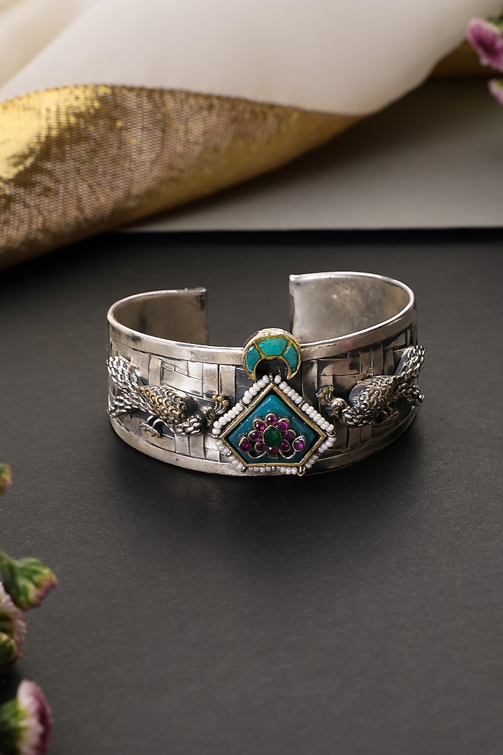 Silver Finish Kundan Polki Handcrafted Cuff by Swabhimann Jewellery at Pernia's Pop Up Shop