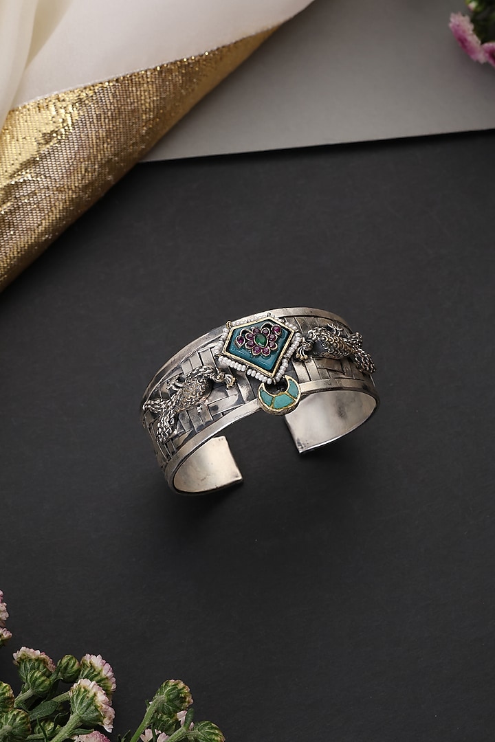Silver Finish Kundan Polki Handcrafted Cuff by Swabhimann Jewellery at Pernia's Pop Up Shop